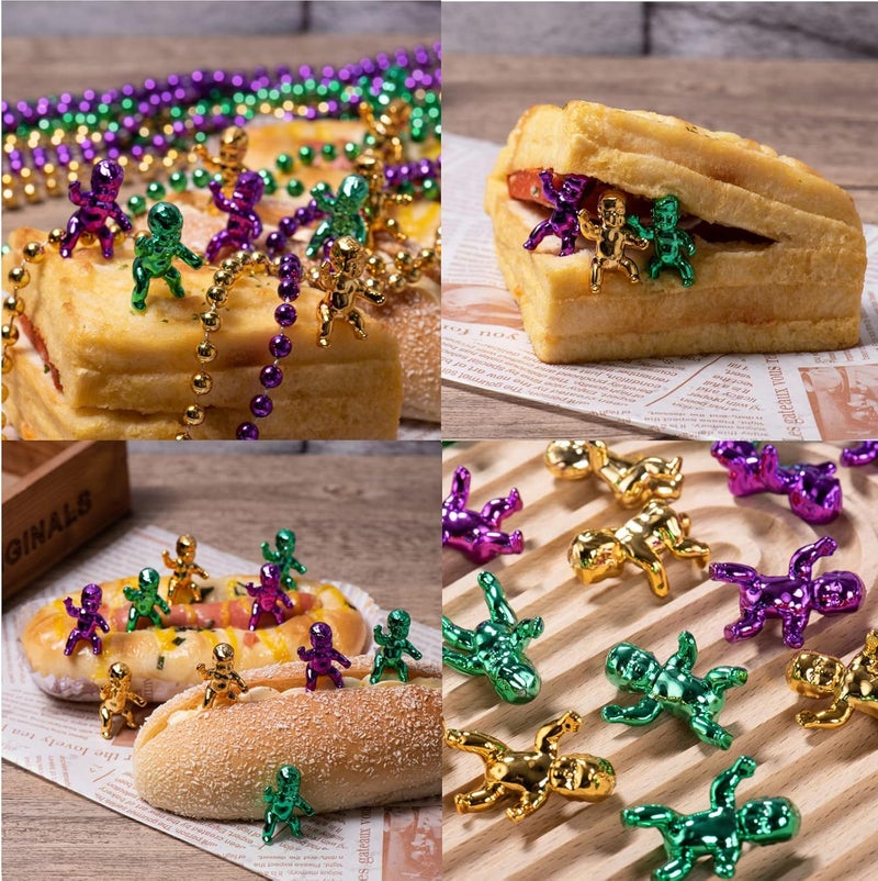 ZZYFGH Mardi Gras Bead Necklace 12 Pcs and Mini King Cake Babies 6 Pcs Metallic Gold Purple Green Party Costume Accessory - Image 3